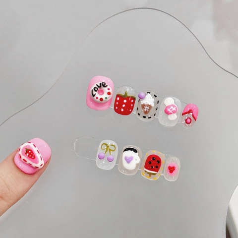 Handmade Press On Nails Sweet Dopamine Dessert House Pink Red Strawberry Donuts 3D Relief Square Round Short Fake Nails