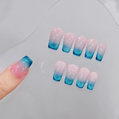 Unghie Finte Handmade Occhio di Gatto Sfumatura Rosa Blu Coffin Unghie Medie Lunghe Brillantini Unghie Artificiali da Donna