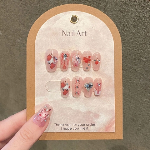 Set de Uñas Postizas de Presión Rosa Dulce Hecho a Mano Con Decoraciones 3D Fresa Lazo Strass Uñas Francesas Degradadas