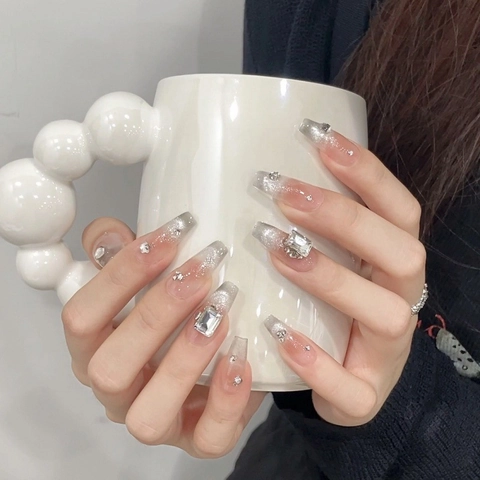 Handgemaakte Kattenoog Kunstnagels Zilver Roze Gradiënt Strass Coffin Nepnagels Voor Dames Nagelkunst Decoratie