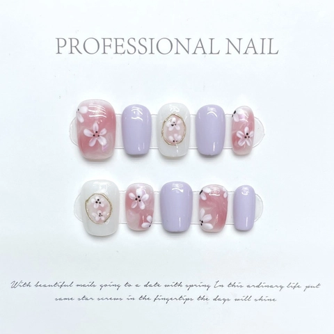 Handmade Press On Nails Lavender Pink Cherry Blossom Short Square Round Floral False Nails For Women Daily Party Fingernail