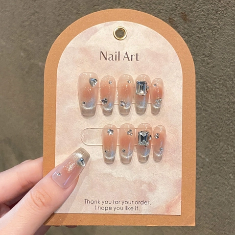 Handgemaakte Kattenoog Kunstnagels Zilver Roze Gradiënt Strass Coffin Nepnagels Voor Dames Nagelkunst Decoratie