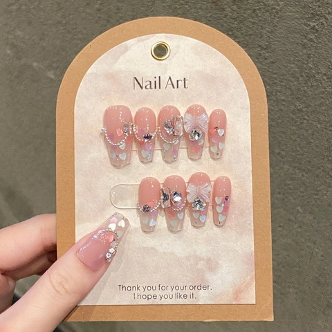 Handgefertigte Nägel Zum Aufdrücken Rosa Sargform Schmetterling Herz 3D-Schleife Künstliche Perle Strass Rouge Katzenauge Damen