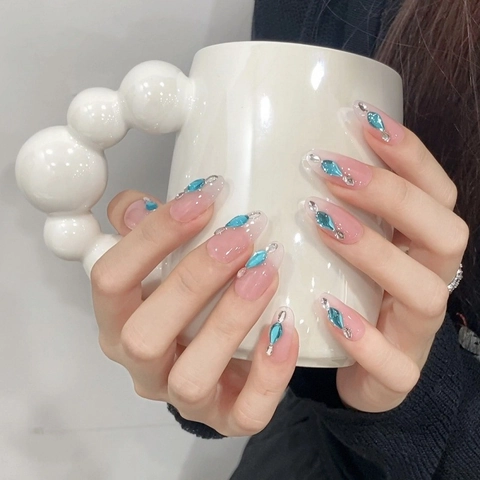 Handmade Icy Pink Jelly Press On Nails Long Almond Shape With Blue Waterdrop Rhinestones Elegant Manicure For Women