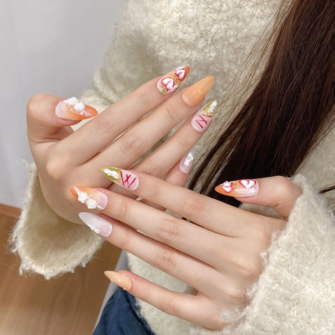 Handmade Press On Nails Almond Stiletto Shape Pink Gradient 3D Rose Flower Strawberry Heart Pattern Artistic Artificial Fingernails For Women
