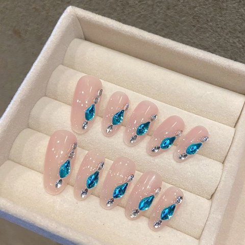 Handmade Icy Pink Jelly Press On Nails Long Almond Shape With Blue Waterdrop Rhinestones Elegant Manicure For Women