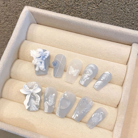 Handmade Haze Blue Angel Rose Press On Nails 3D Relief Bow Artificial Pearl Design Long Coffin Fake Nails For Women Nail Art