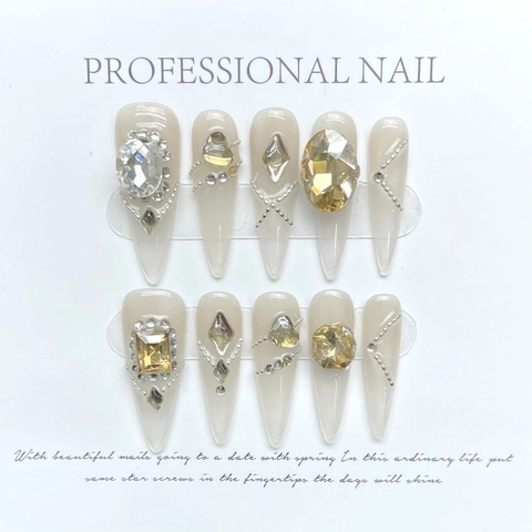Handgefertigt Luxus Champagner Gold Kunstnägel Mit Strass Lange Stiletto Falsche Nägel Für Damen Party Hochzeit Schmuck