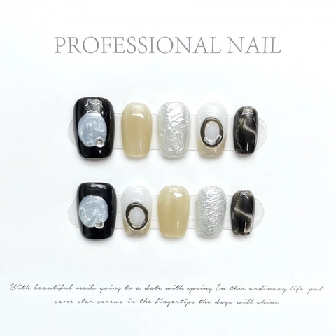 Unghie Finte Fatte a Mano Minimalista Scuro Sfumato Bianco Nero Marmo Polvere Specchio Design Corto Quadrato Tondo Manicure