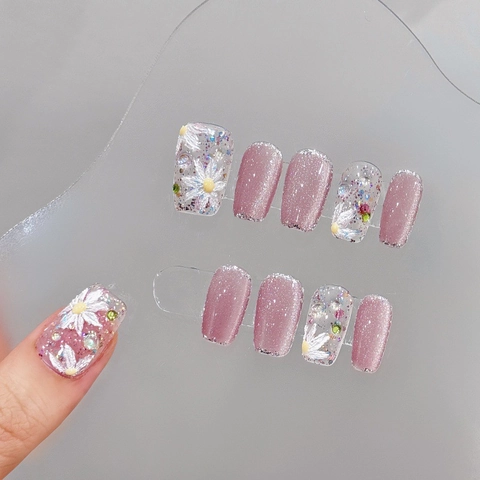 Unghie Finte da Applicare Fatte a Mano Rosa Occhio di Gatto Fiore Farfalla Eleganti Unghie Riutilizzabili per Donna