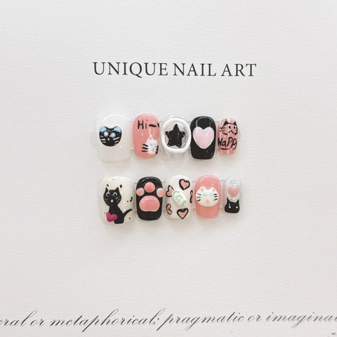 Unghie Finte a Pressione Gatto Scuro Rosa Nero Fatte a Mano Con Decorazioni 3D in Resina Cuore Stella Stile Dolce e Cool