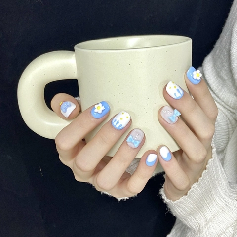 Handgefertigte Künstliche Nägel Zum Aufdrücken 3D Cartoon Elefant Blumen Schleifen Design Hellblau Weiß Kurz Eckig Rund Fake Nails Für Damen