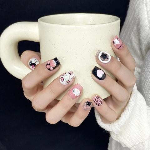 Uñas Postizas Hechas a Mano Con Diseño 3D Gato Lindo Corazón Estrella Rosa Negro Resina Uñas Postizas Estilo Dulce Niña Decoración Manicura Diaria Fiesta