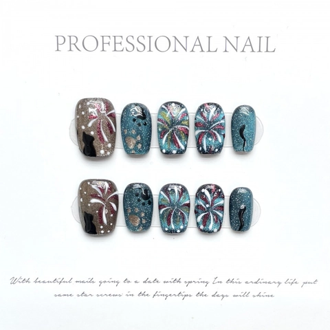Handmade Fireworks Cat Eye Press On Nails Blue Coffee Glitter Starry Sky Pattern Square Round Reusable False Nails For Women
