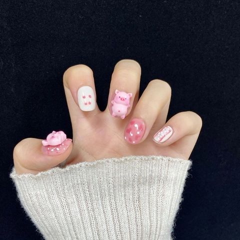 Handmade 3D Cute Pink Pig Press On Nails Short Round Square Sweet Heart Bow Flower Artificial Pearl False Nails For Women