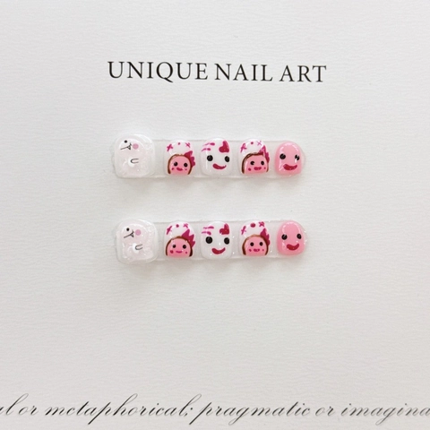 Unghie Finte per Bambini Cartone Animato Dipinto a Mano Rosa Bianco Unghie Finte per Bambini Ragazza Impermeabile Carino Manicure Arte Decor