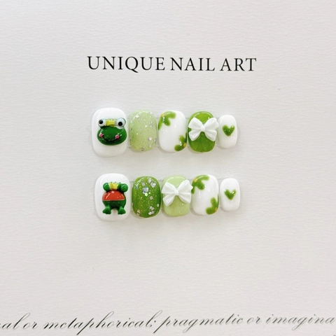 Unghie a Pressione 3D Fatto a Mano Rana Verde Cartone Animato Dolci Unghie Finte Riutilizzabili per Donna Decorazione