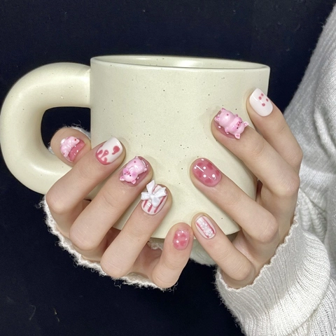 Handmade 3D Cute Pink Pig Press On Nails Short Round Square Sweet Heart Bow Flower Artificial Pearl False Nails For Women