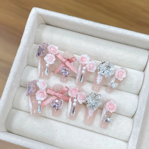 Uñas Postizas de Ataúd Rosas Hechas a Mano Con Rosas 3D Lazos de Satén Strass Perlas Artificiales para Mujer Uñas Postizas Dulces Románticas