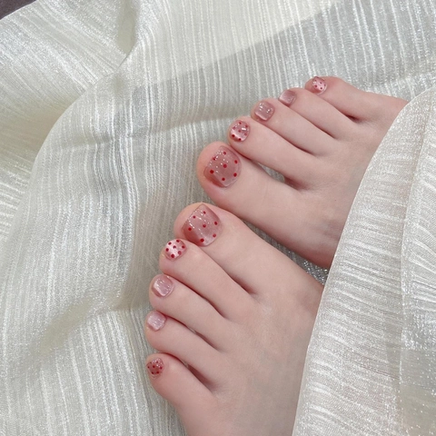 Handgemaakte Roze Teennagels Press On Rode Polka Dots Kattenoog Effect Glinstering Blush Ontwerp Voet Manicure Vrouwen