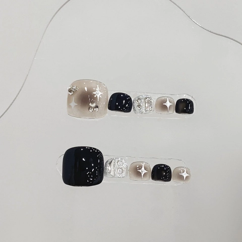 Handgemaakte Kunstnagels Voor Tenen Zwart Zilver Ster Ontwerp Met Strass Glitter Sterrenhemel Voor Dames