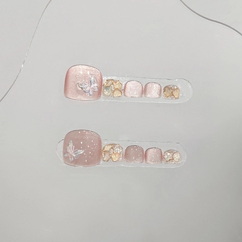 Unghie Finte Piedi Fatte a Mano Sfumate Rosa Effetto Occhio di Gatto Farfalla Strass Piedi per Donna