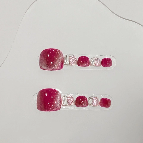 Handgemaakte Kattenoog Press On Teennagels Magenta Paars Strass Decoratie Luxe Herbruikbare Kunstnagels Set Voor Dames
