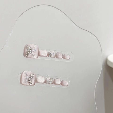 Unghie Finte per Piedi Fatte a Mano Occhio di Gatto Viola Farfalla d'Argento Strass Eleganti Unghie Postizie da Donna Decorazione