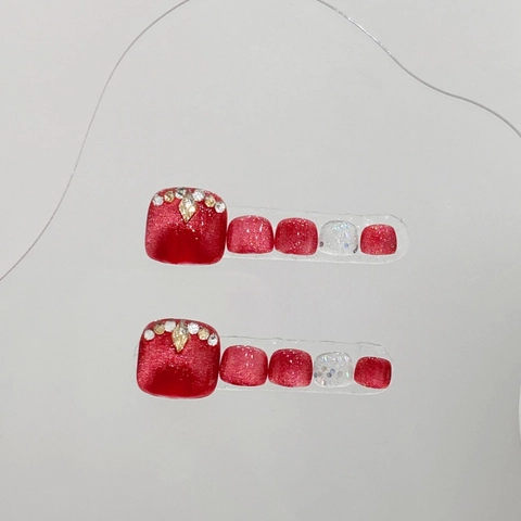 Luxus Handgefertigte Rot Silber Glitzer Zehennägel Zum Aufdrücken Für Damen Strass Sternenhimmel Blush Kunstnägel