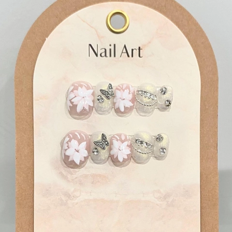 Uñas Postizas Hechas a Mano Cortas Cuadradas Redondas 3D Camelia Mariposa Strass Estilo Francés Florales Uñas Artificiales Mujer