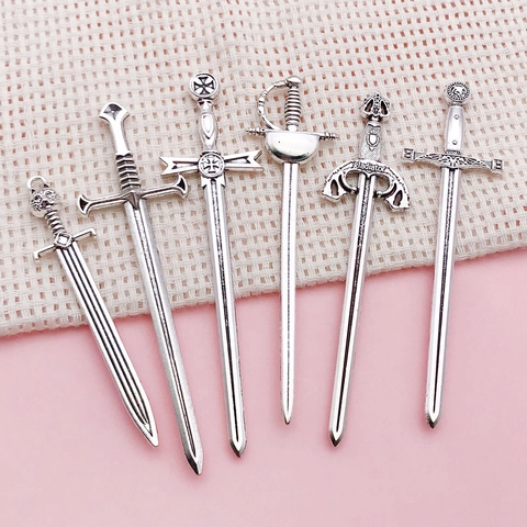 Antique Silver Zinc Alloy Sword Weapon Pendant Charms Medieval Gothic Dagger Pendants For DIY Jewelry Making Accessories