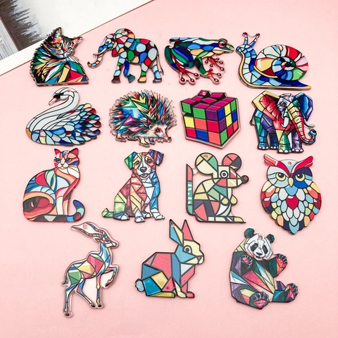 Acrylic Animal Pendants For Jewelry Making DIY Colorful Mosaic Stained Glass Style Elephant Cat Owl Frog Charm Accessories