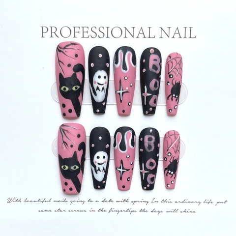 Halloween Matte Kunstnagels Voor Dames Roze Zwart Gothisch Spook Spin Patroon Kistvorm Valse Nagels Manicure Cadeau