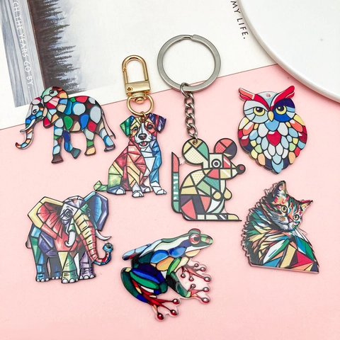 Acrylic Animal Pendants For Jewelry Making DIY Colorful Mosaic Stained Glass Style Elephant Cat Owl Frog Charm Accessories