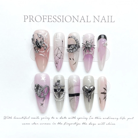 Gothic Dark Press-on Nagels Lange Amandel Spin Schedel 3D Legering Decor Strass Y2K Cool Zwart Paars Gradiënt Handgemaakt