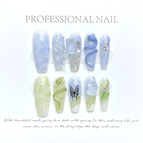 Uñas Postizas Hechas a Mano Estilo Chino Serpiente Azul Mariposa Strass Relieve 3D Kit de Manicura Artística