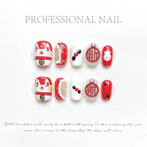 Handmade Chinese Style Press On Nails Lucky Cat Red White Gold Auspicious New Year Festive Resin Short Fake Nails For Women Jewelry