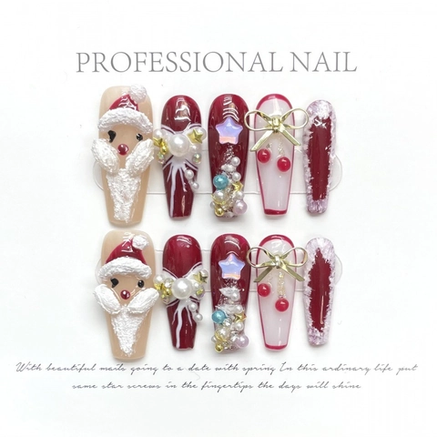 Natale Unghie Finte Fatte a Mano 3D Babbo Natale Rosso Bara Unghie Finte Strass Perla Artificial Festivo Manicure Suggerimenti