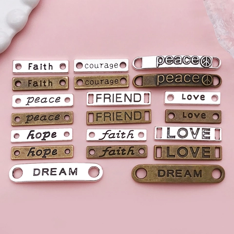 DIY Zinc Alloy Rectangular Letter Connector Charms Antique Silver Bronze Hope Love Peace Dream Faith Courage Friend Pendants