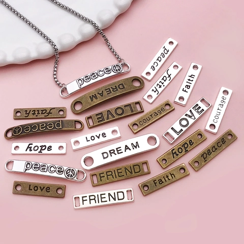 DIY Zinc Alloy Rectangular Letter Connector Charms Antique Silver Bronze Hope Love Peace Dream Faith Courage Friend Pendants