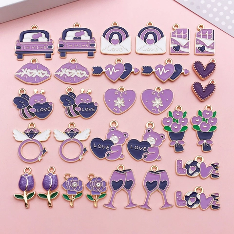 Purple Valentine Theme Alloy Enamel Charms For DIY Jewelry Making Heart Bee Rose Bear Car Lip Keychain Pendant Accessories