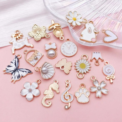White Enamel Alloy DIY Pendants Cute Rabbit Deer Flower Pattern Charms For Jewelry Making Keychain Necklace Accessories