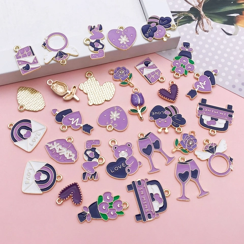 Purple Valentine Theme Alloy Enamel Charms For DIY Jewelry Making Heart Bee Rose Bear Car Lip Keychain Pendant Accessories