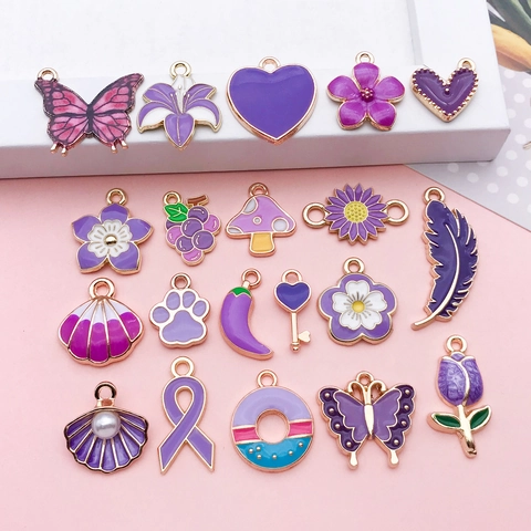 Purple Enamel Alloy Charms For Jewelry Making DIY Bracelet Necklace Butterfly Heart Flower Mushroom Feather Pendants