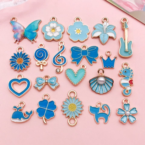 Lake Blue Enamel Alloy Charms Assorted Shapes DIY Jewelry Making Pendants For Bracelet Necklace Floral Heart Animal Butterfly Accessory