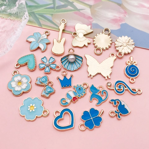 Lake Blue Enamel Alloy Charms Assorted Shapes DIY Jewelry Making Pendants For Bracelet Necklace Floral Heart Animal Butterfly Accessory