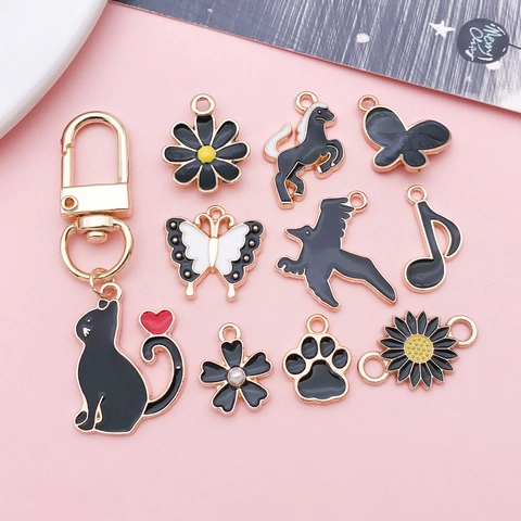 Breloques en Émail Noir DIY Pendentif en Alliage Seul Sans Chaîne Papillon Chat Cœur Fleur pour Collier Porte-Clés Fabrication de Bijoux