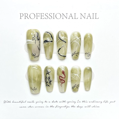 New Chinese Style Press On Nails Green Marble Jade Texture Ink Bamboo Snake Pattern Long Coffin Handmade Reusable Nails For Women