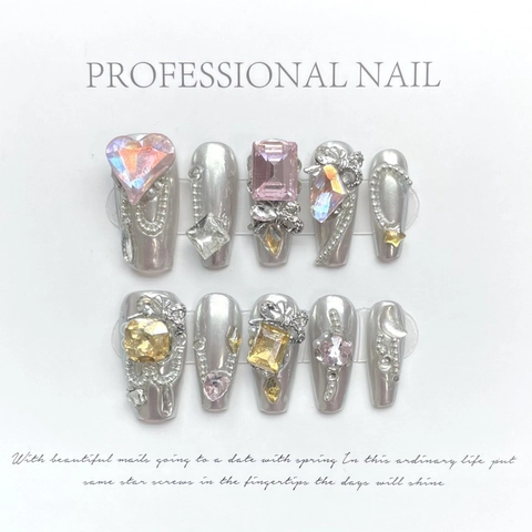 Handgefertigte Silber Spiegel Kunstnägel Rosa Herz Strass Schleife Perlenkette Y2K Cool Girl Sweet Künstliches Nagel Set