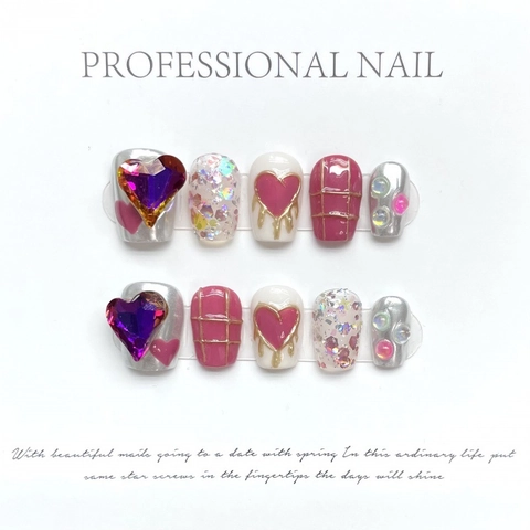 Handmade Press On Nails Y2K Style Mirror Powder Short Square Nails With Purple 3D Heart Pink Grid Glitter Design For Women